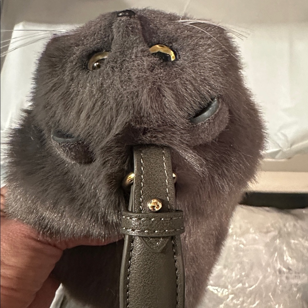 Adorably cute fluffy Cat Purse Plush Soft cat tail zipper Gray $122 handmade - Picture 5 of 8